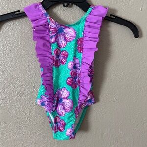 Wave Zone Toddler One Piece Swimsuit Tropical Floral Purple Green 2T